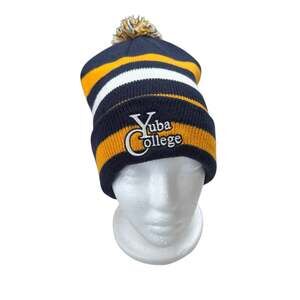 Yuba College Striped Pom Beanie Blue Yellow Acrylic One Size Adult Cap School